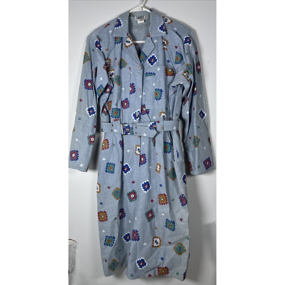 VTG 70s 80s Taurus II Women's Blue Cotton Dress Belted Pockets Size 8